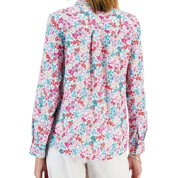 Charter Club Linen Floral Roll Tab Button Down Top - Picture 2 of 9